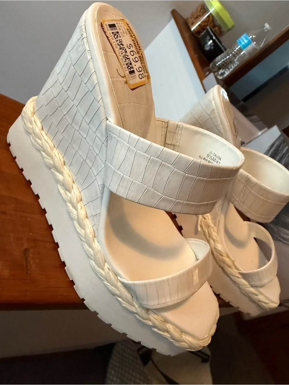 Jennifer Lopez Cream Croc-Embossed Platform Wedge Sandals